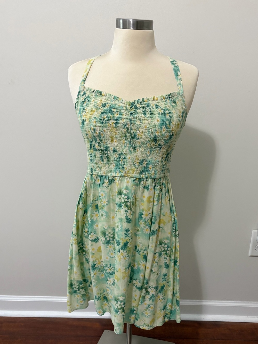 American Eagle Green & Yellow Floral Smocked Mini Dress SzS Cottagecore Coquette
